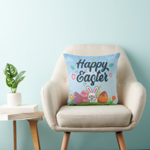 Happy Easter Eggs Bunny & Flowers Cushion