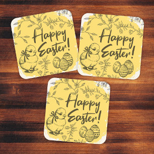 Happy Easter Eggs & Chick Yellow Square Sticker