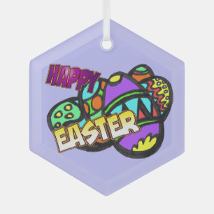 Happy Easter Eggs Cust.BG Glass Ornament