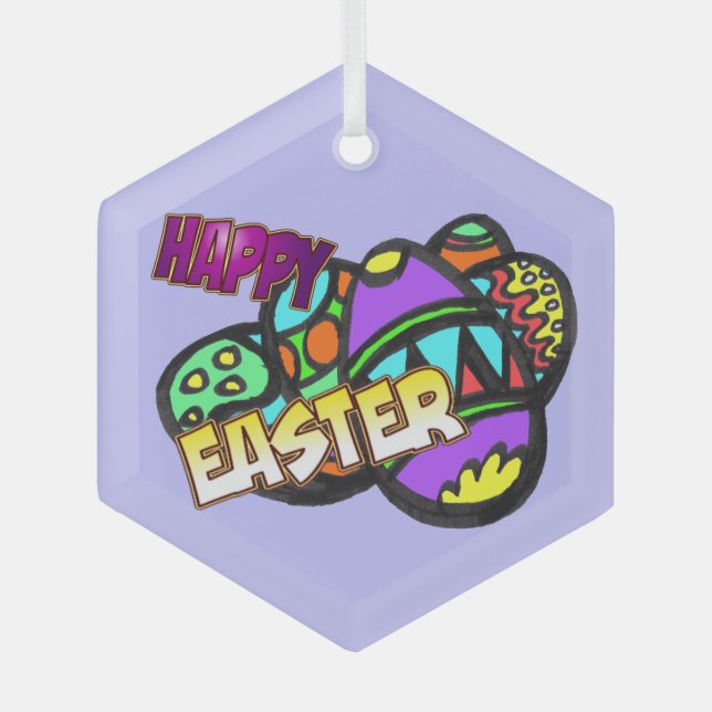 Happy Easter Eggs Cust.BG Glass Ornament (Front)