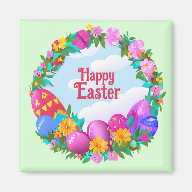 Happy Easter Eggs Floral Wreath Magnet (Front)