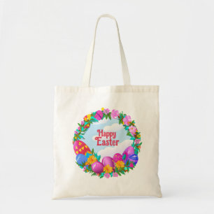Happy Easter Eggs Floral Wreath Tote Bag