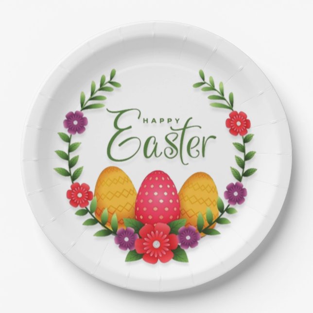 Happy Easter Eggs Flowers-23798 Paper Plate (Front)