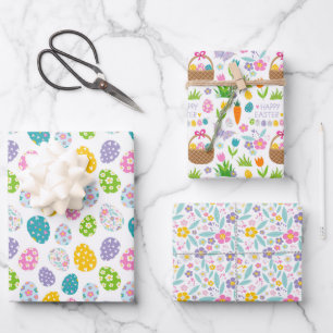 Happy Easter Eggs Flowers Baskets Spring Wrapping Paper Sheet