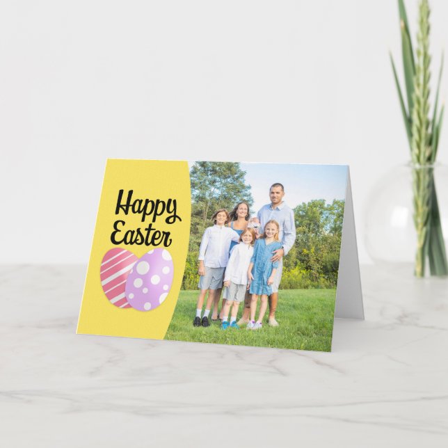 Happy Easter Eggs on Yellow Photo Frame  Holiday Card (Front)