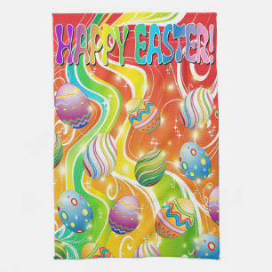 Happy Easter Eggs Ornamental Design Tea Towel