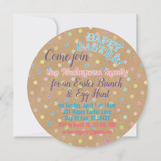 Happy Easter Eggs Polkadots On Faux Kraft Paper Invitation (Back)