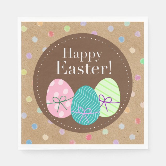 Happy Easter Eggs Polkadots On Faux Kraft Paper Napkin (Front)