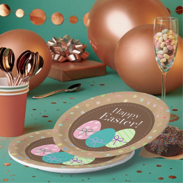 Happy Easter Eggs Polkadots On Faux Kraft Paper Paper Plate (Multi)