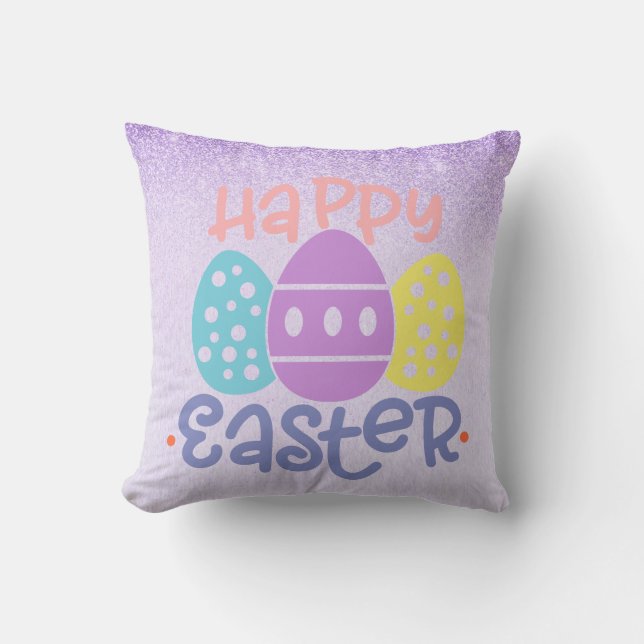 Happy Easter Eggs Purple Spring Cushion (Front)