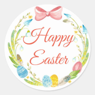 happy easter eggs spring colourful wreath classic round sticker