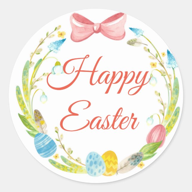 happy easter eggs spring colourful wreath classic round sticker (Front)