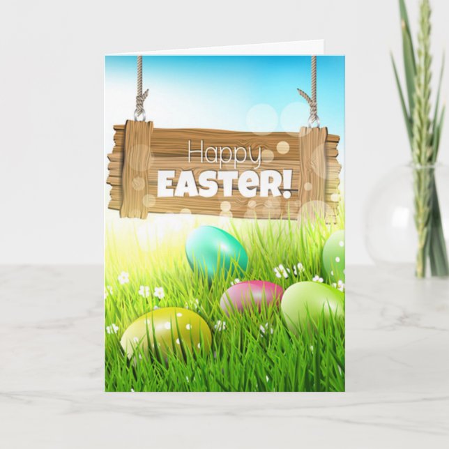 Happy Easter Eggs Wooden Sign Board Greeting Card (Front)