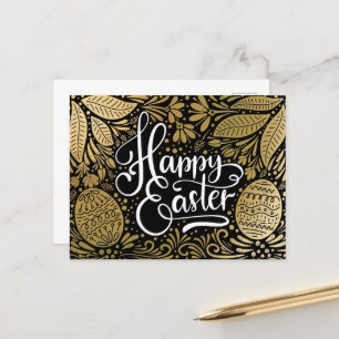 Happy Easter Elegant Boho Black and Gold Postcard