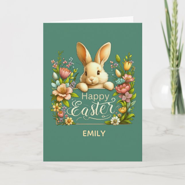 Happy Easter Elegant Bunny Floral Spring Design Card (Front)