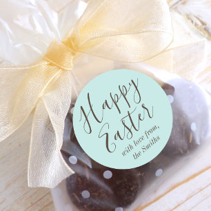 Happy Easter Elegant Script Blue Green Classic Round Sticker