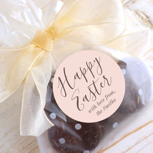 Happy Easter Elegant Script Favour Pink Classic Round Sticker (Creator Uploaded)