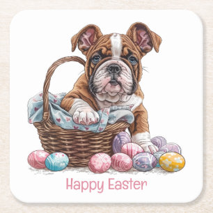 Happy Easter English Bulldogs Square Paper Coaster