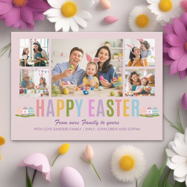 Happy Easter Family Photo Collage Pink Invitation (Creator Uploaded)