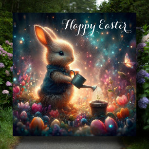  Happy Easter Fantasy Art Bunny Flower Garden  Holiday Card