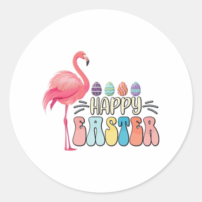 Happy Easter Flamingo Bunny Egg Basket Classic Round Sticker (Front)