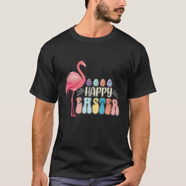 Happy Easter Flamingo Bunny Egg Basket T-Shirt (Front)