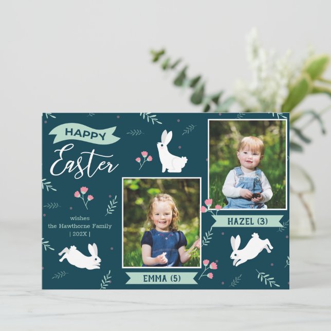 "Happy Easter" floral 2 Photo turquoise Bunny Holiday Card (Standing Front)