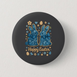 Happy Easter Floral Bunny Pair Cottage Denim Blue 6 Cm Round Badge