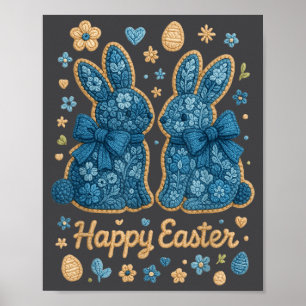 Happy Easter Floral Bunny Pair Cottage Denim Blue Poster