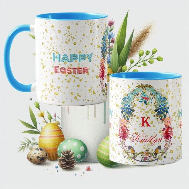 Happy Easter Floral Decorative Monogram Typography Mug (Happy Easter Floral Decorative Monogram Typography Mug)