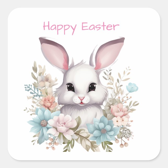 Happy Easter Floral Easter Bunny Rabbit Square Sticker (Front)