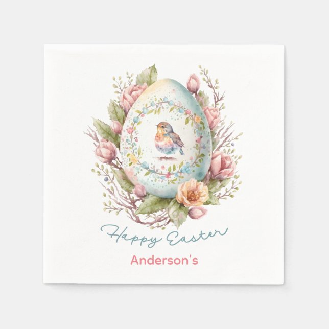 Happy Easter Floral Easter Egg Personalised Napkin (Front)