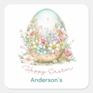 Happy Easter Floral Easter Egg Personalised Square Sticker
