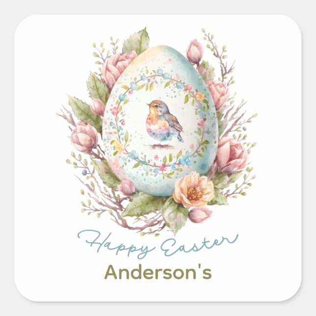 Happy Easter Floral Easter Egg Personalised Square Sticker (Front)