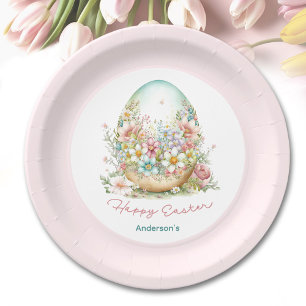Happy Easter Floral Egg Pink Personalised Name Paper Plate