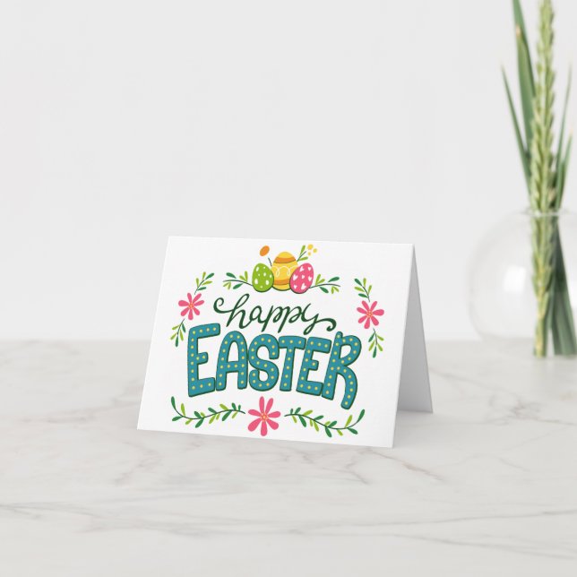 Happy Easter Floral Flowers Easter Eggs Greeting Holiday Card (Front)
