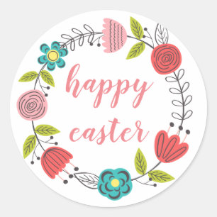 happy easter floral frame spring pastel classic round sticker