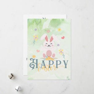 Happy Easter Floral Green Bunny Editable Holiday Card
