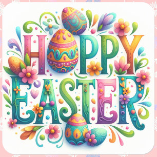 Happy Easter Floral Greeting Springtime Fun  Square Sticker