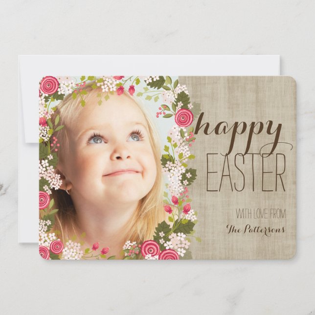Happy Easter Floral | Linen Photo Greeting Card (Front)