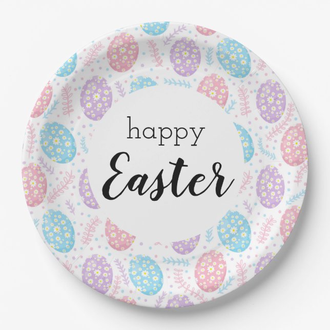 Happy Easter Floral Pastel Easter Eggs Paper Plate (Front)