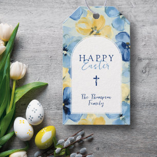 Happy Easter Floral Religious Cross Custom Name Gift Tags
