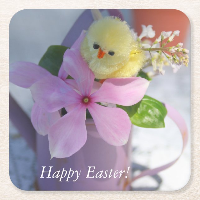 Happy Easter Floral Spring Chicken Square Paper Coaster (Front)