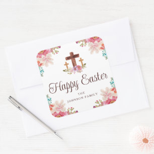 Happy Easter Floral Watercolor Religious Cross Square Sticker