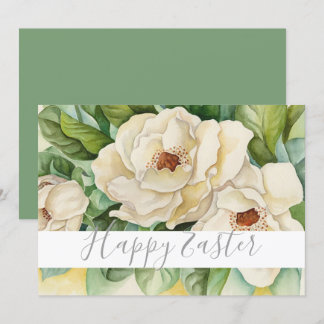 Happy Easter Floral White Magnolia Grey Script Holiday Card