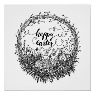 Happy Easter Floral Wreath Art Poster