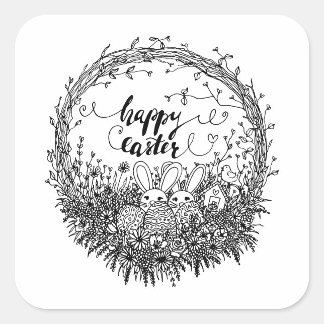 Happy Easter Floral Wreath Art Square Sticker (Front)