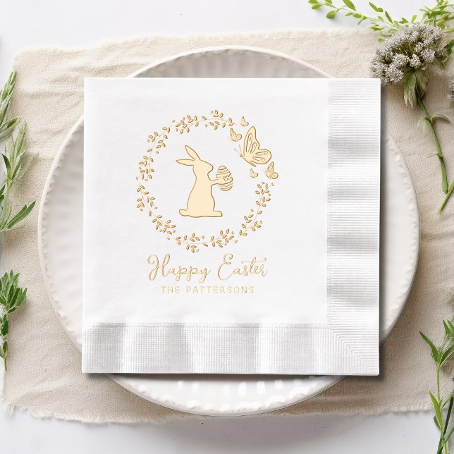 Happy Easter Floral Wreath Bunny Butterflies Name Foil Napkins (Creator Uploaded)