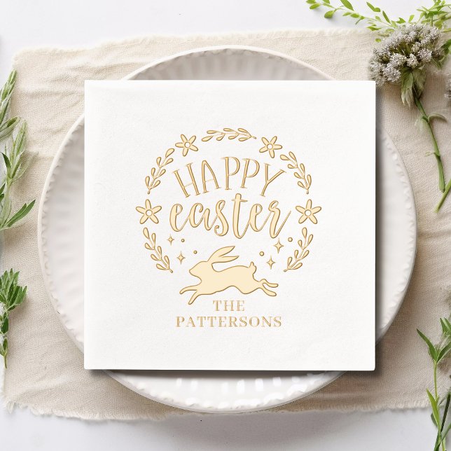 Happy Easter Floral Wreath Personalised Name Foil Napkins (Creator Uploaded)