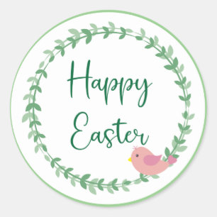 Happy Easter Floral Wreath Round Stickers